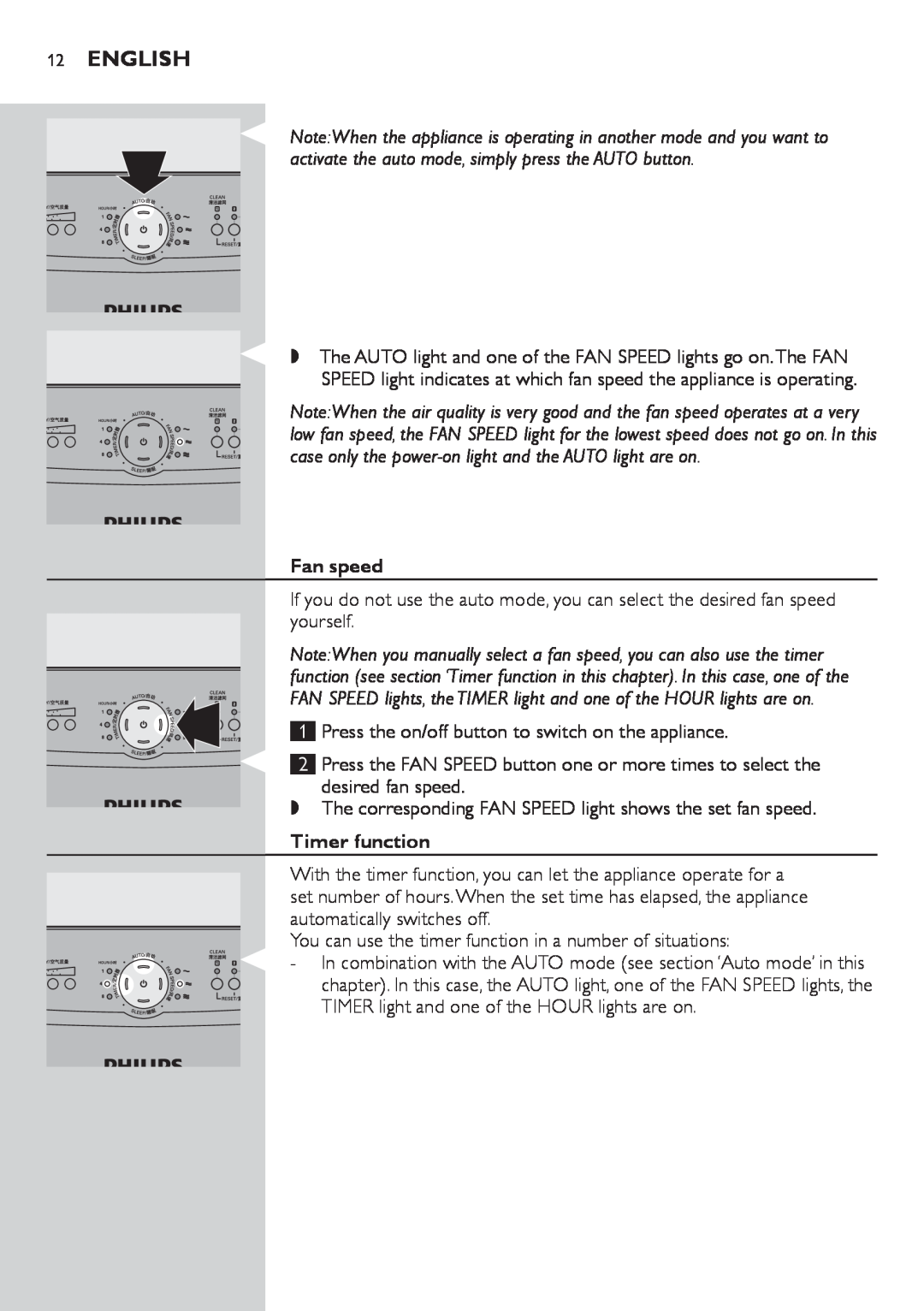 Philips AC4002 manual English, Fan speed, Timer function 